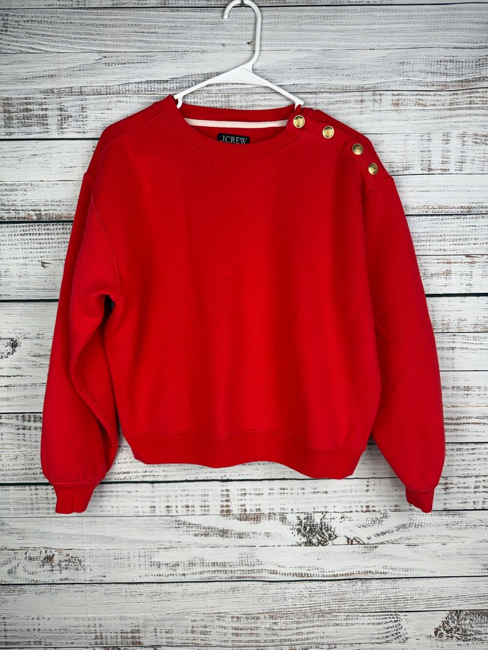 J.Crew Red Heritage Fleece Crewneck Sweatshirt Nautical Buttons XS Cropped Chic